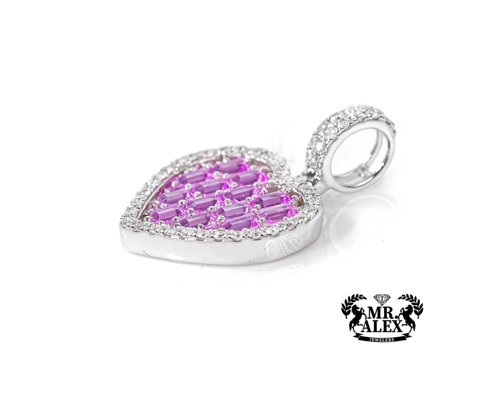 14K White Gold Heart Pendant with Pink Emeralds Diamonds 0.60ct - Mr. Alex Jewelry