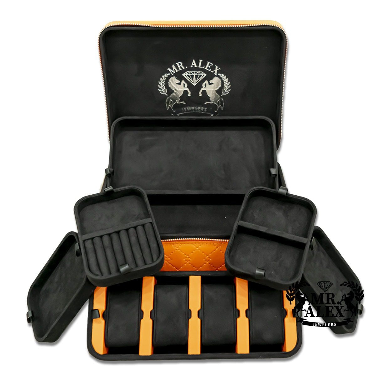 Leather Jewelry Black Case - 4 Watches and Five Stackable Trays - Mr. Alex Jewelry