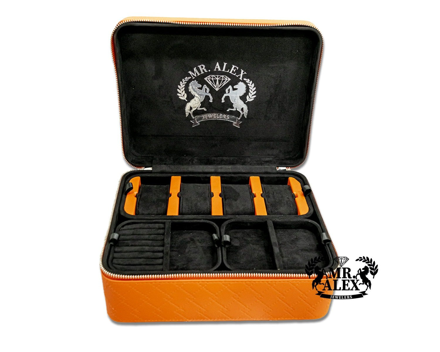 Leather Jewelry Black Case - 4 Watches and Five Stackable Trays - Mr. Alex Jewelry