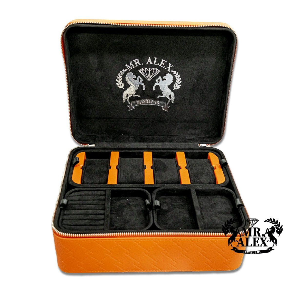 Leather Jewelry Black Case - 4 Watches and Five Stackable Trays - Mr. Alex Jewelry