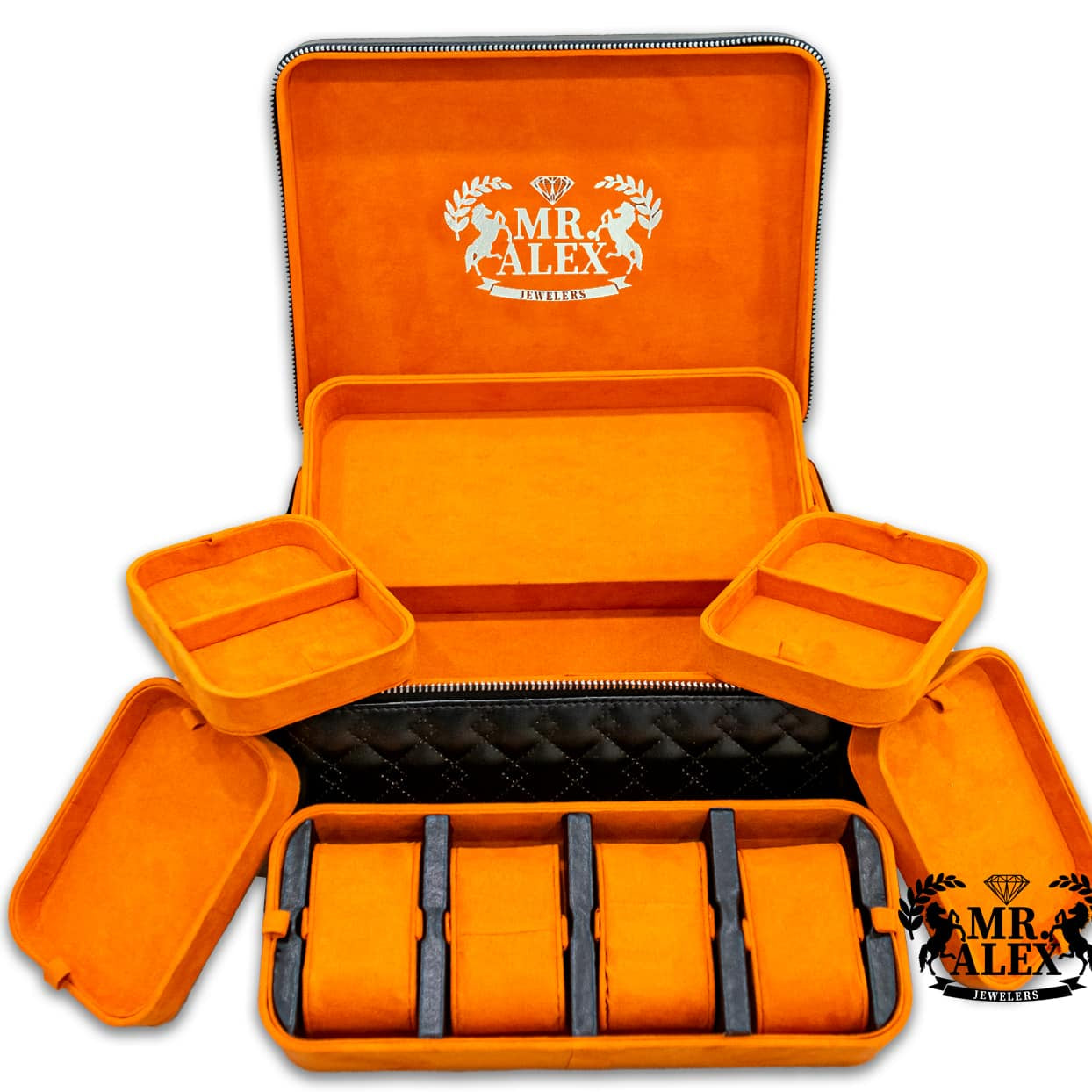 Leather Jewelry Orange Case - 4 Watches and Five Stackable Trays - Mr. Alex Jewelry