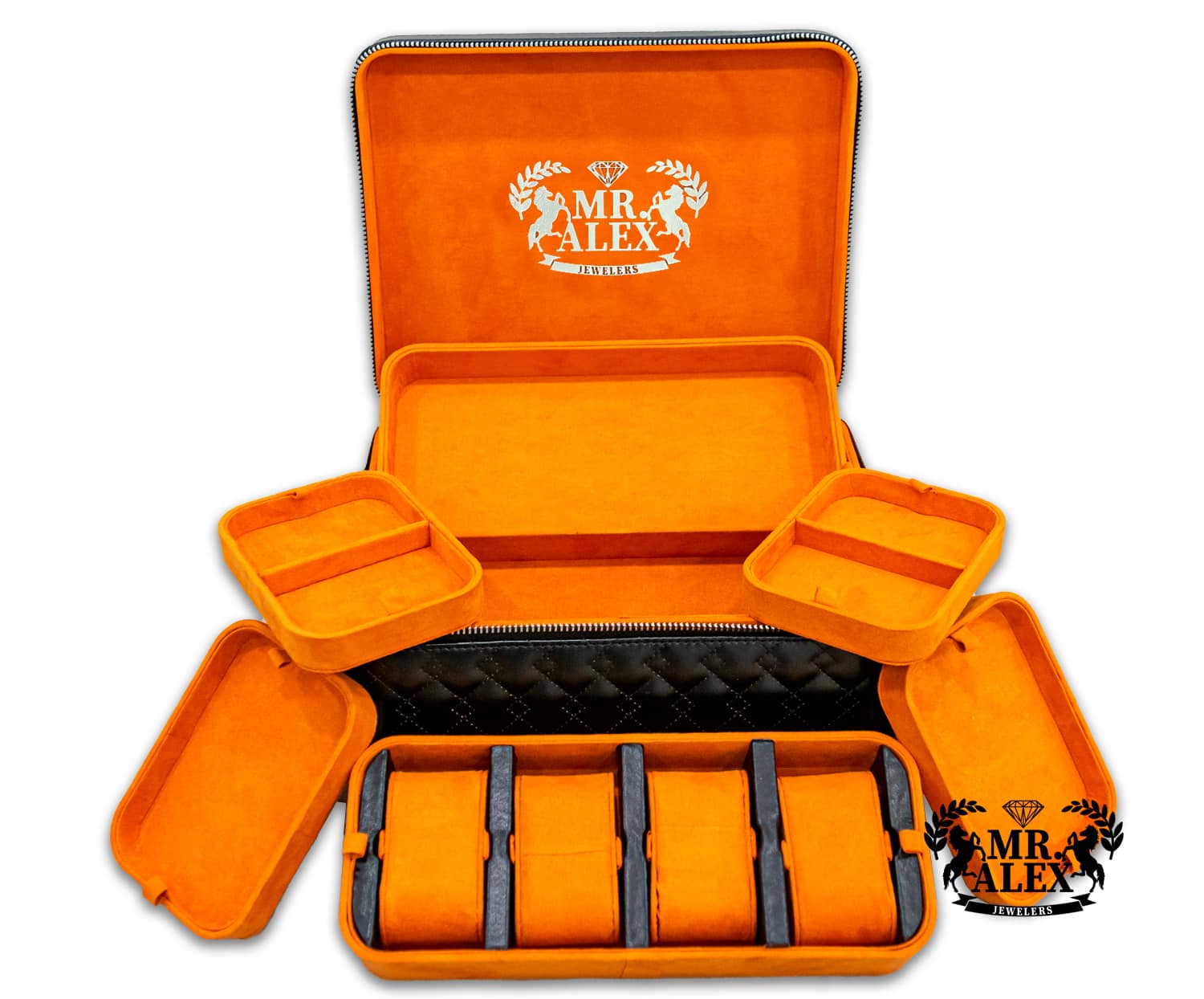 Leather Jewelry Orange Case - 4 Watches and Five Stackable Trays - Mr. Alex Jewelry
