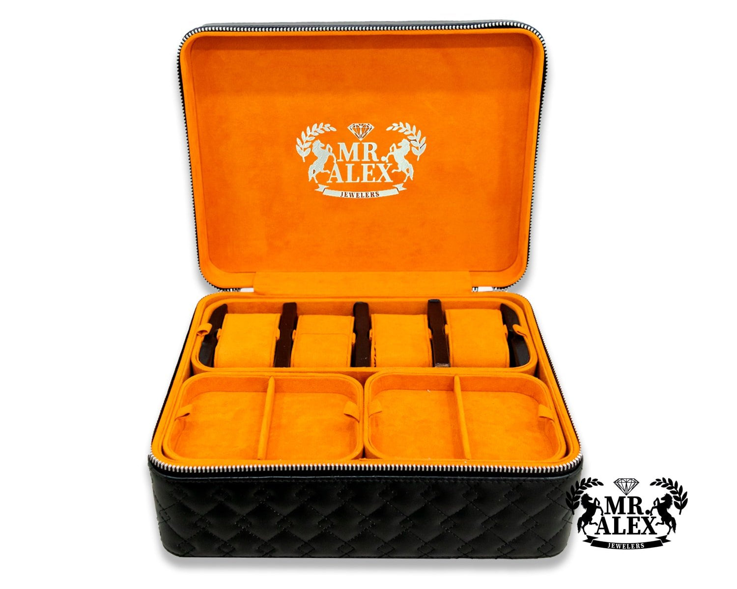 Leather Jewelry Orange Case - 4 Watches and Five Stackable Trays - Mr. Alex Jewelry