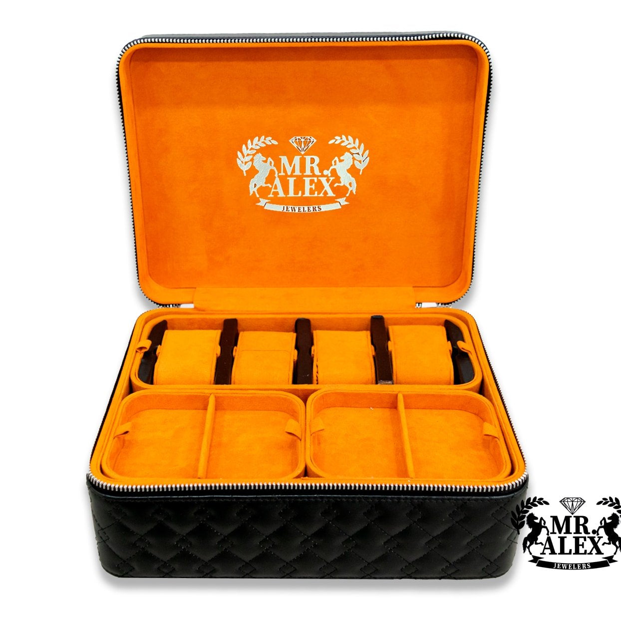 Leather Jewelry Orange Case - 4 Watches and Five Stackable Trays - Mr. Alex Jewelry