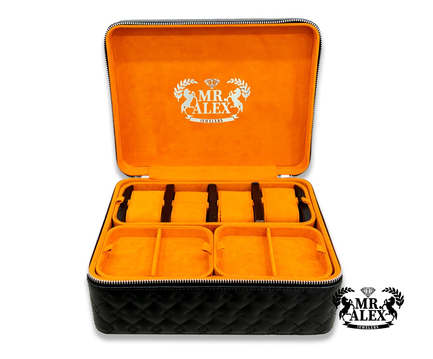 Leather Jewelry Orange Case - 4 Watches and Five Stackable Trays - Mr. Alex Jewelry
